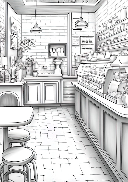 eine schwarz-weiße Zeichnung einer Küche mit Herd und Kühlschrank.