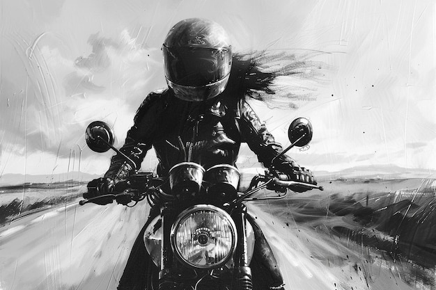 eine schwarz-weiße Zeichnung einer Person auf einem Motorrad mit den Worten