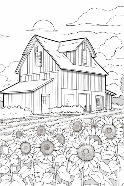 eine schwarz-weiße Zeichnung einer Scheune und Sonnenblumen