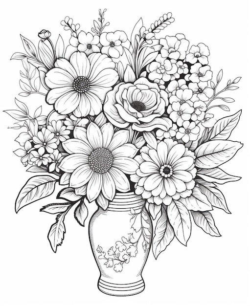 Eine schwarz-weiße Zeichnung einer Vase mit Blumen darin