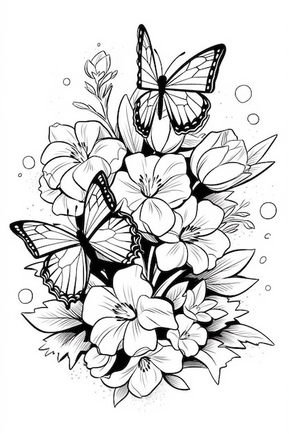 eine schwarz-weiße Zeichnung eines Blumenstraußes mit Schmetterlingen
