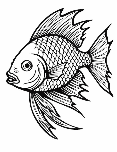 eine schwarz-weiße Zeichnung eines Fisches mit einem großen Mund