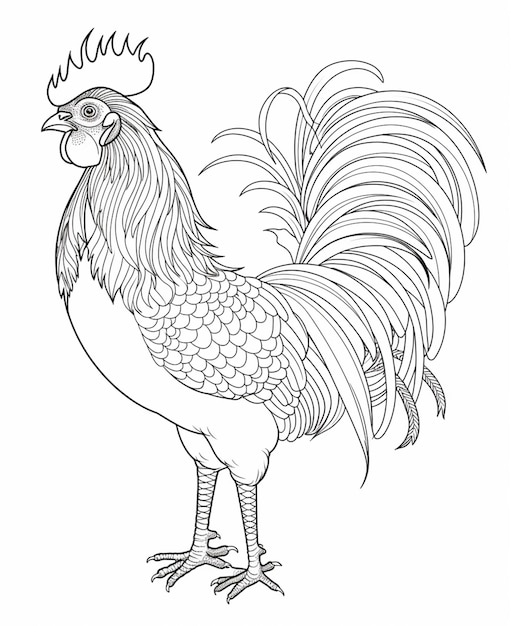 Eine schwarz-weiße Zeichnung eines Hahns mit einer Krone auf dem Kopf