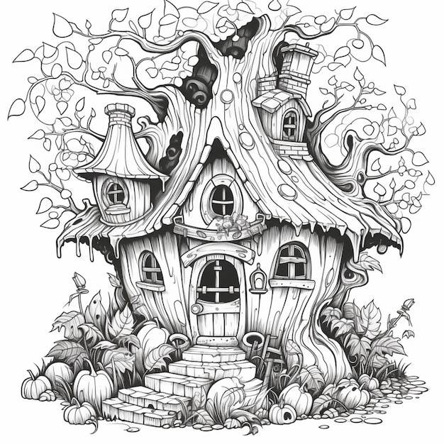 eine schwarz-weiße Zeichnung eines Hauses mit einem Baum an der Spitze