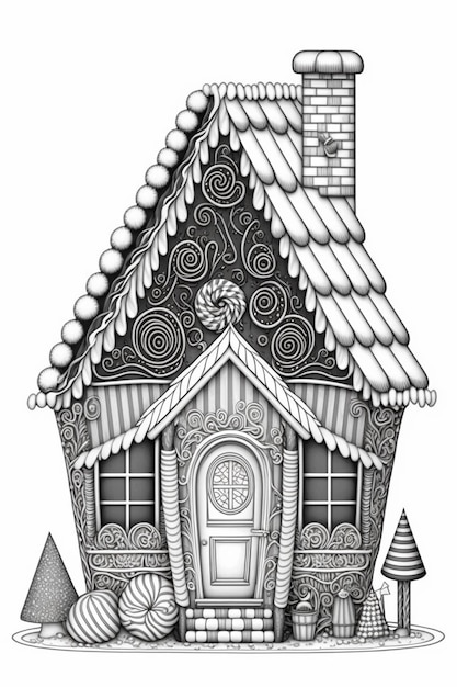eine schwarz-weiße Zeichnung eines Hauses mit einem Schornstein