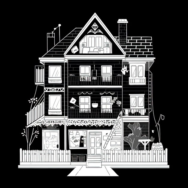 Eine schwarz-weiße Zeichnung eines Hauses