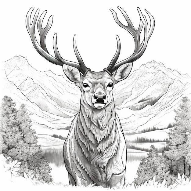 eine schwarz-weiße Zeichnung eines Hirsches mit großen Geweißen