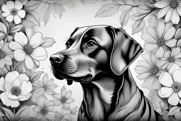 Eine schwarz-weiße Zeichnung eines Hundes mit blumigem Hintergrund