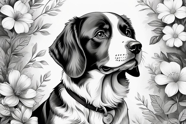Eine schwarz-weiße Zeichnung eines Hundes mit blumigem Hintergrund