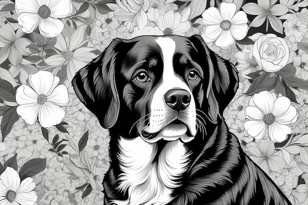 Eine schwarz-weiße Zeichnung eines Hundes mit blumigem Hintergrund