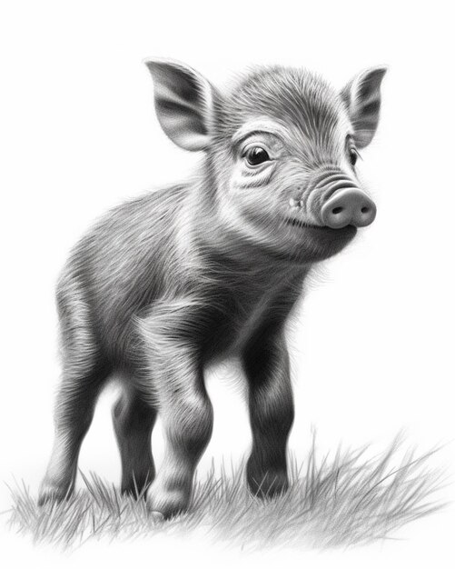 Foto eine schwarz-weiße zeichnung eines im gras stehenden schweins
