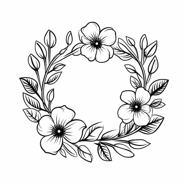 eine schwarz-weiße Zeichnung eines Kranzes mit Blumen