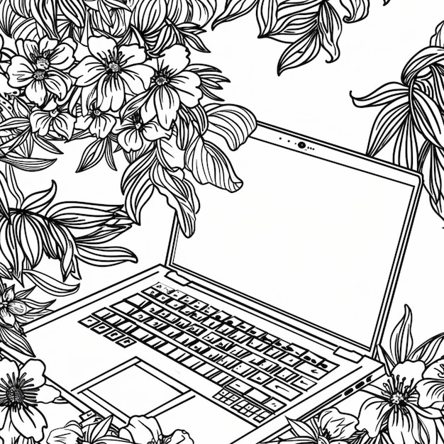 Foto eine schwarz-weiße zeichnung eines laptops mit blumen und den wörtern quotenblumen