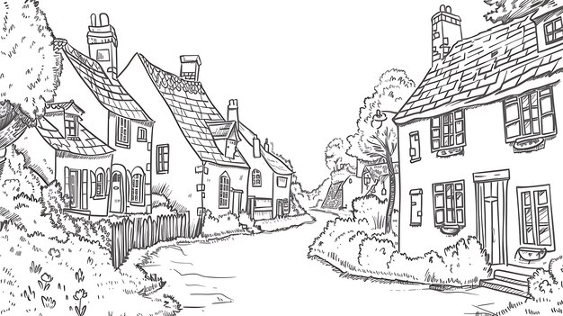 Eine schwarz-weiße Zeichnung eines malerischen englischen Dorfes Die Hütten haben Strohdächer und es gibt Bäume und Blumen im Vordergrund