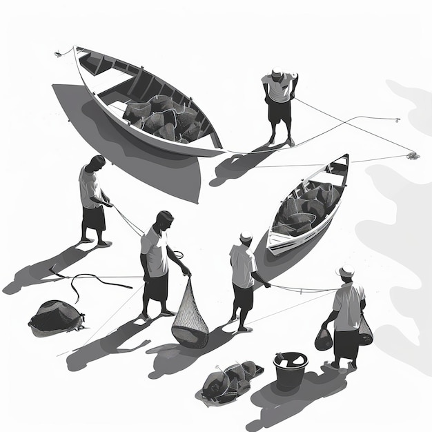 Foto eine schwarz-weiße zeichnung eines mannes, der mit einem boot und einem boot im hintergrund fischt