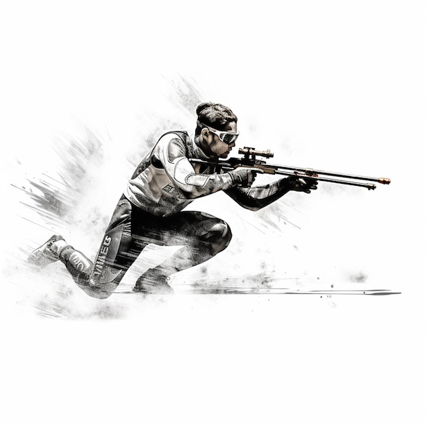 eine schwarz-weiße Zeichnung eines Mannes mit einer Waffe in der Hand