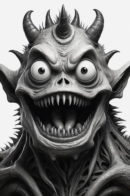 Eine schwarz-weiße Zeichnung eines Monsters mit einem überraschten Gesichtsausdruck