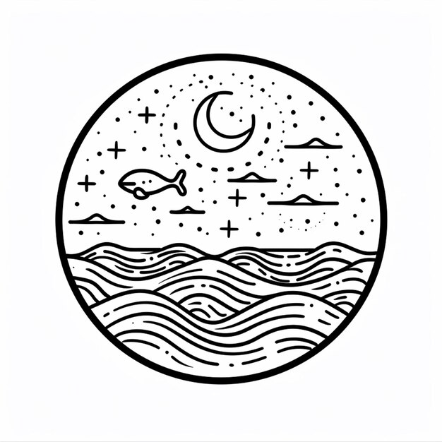 eine schwarz-weiße Zeichnung eines Nachthimmels mit Sternen und einem Fisch