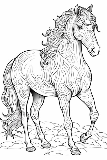 Foto eine schwarz-weiße zeichnung eines pferdes mit einer langen mähne