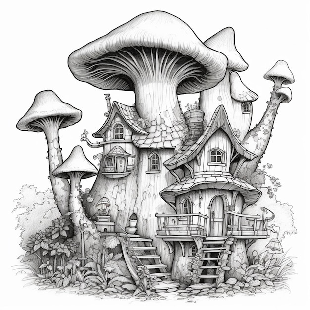 eine schwarz-weiße Zeichnung eines Pilzhauses mit einer generativen Treppe ai