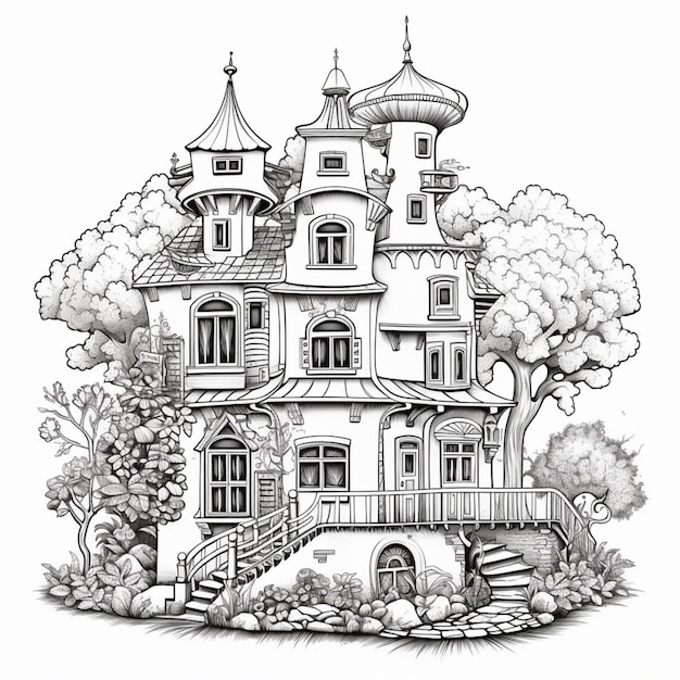 eine schwarz-weiße Zeichnung eines Schlosses mit Treppen, die dorthin führen