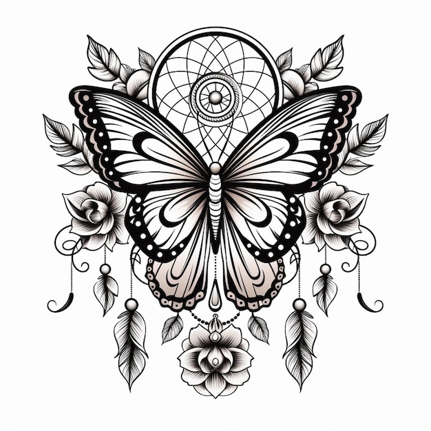 eine schwarz-weiße Zeichnung eines Schmetterlings mit einem Traumfänger