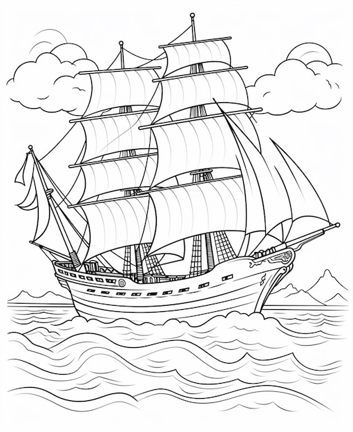Eine schwarz-weiße Zeichnung eines Segelbootes im Ozean
