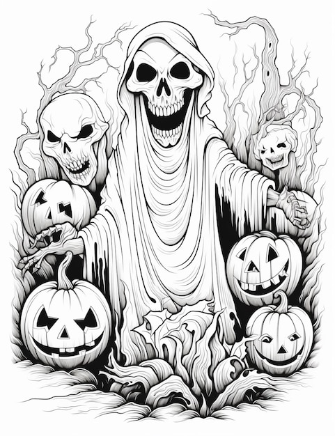Foto eine schwarz-weiße zeichnung eines skeletts, das von kürbissen umgeben ist