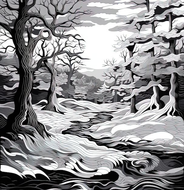 eine schwarz-weiße Zeichnung eines Waldes mit Bäumen und Schnee.