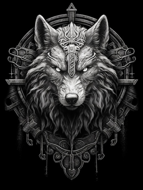 eine schwarz-weiße Zeichnung eines Wolfes mit einem Kreuz auf dem Kopf