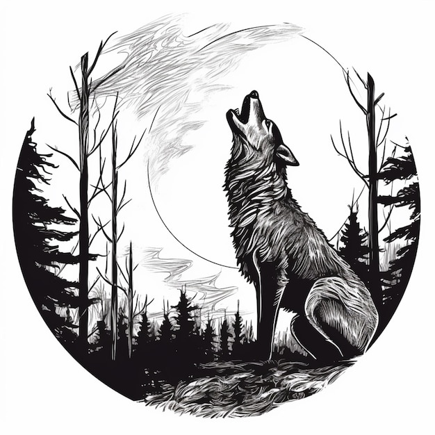 eine schwarz-weiße Zeichnung eines Wolfs, der im Wald heult