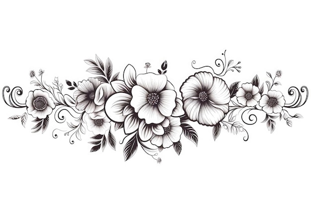 eine schwarz-weiße Zeichnung von Blumen auf weißem Hintergrund.