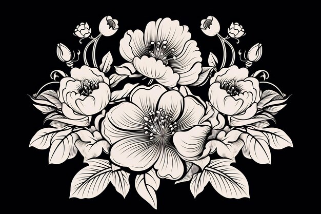 eine schwarz-weiße Zeichnung von Blumen mit den Worten Frühling.