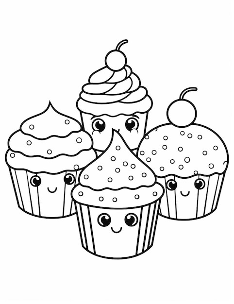 eine schwarz-weiße Zeichnung von drei Cupcakes mit Kirschen oben generative ai