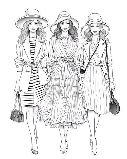 eine schwarz-weiße Zeichnung von drei Frauen in Hüten und Hüten