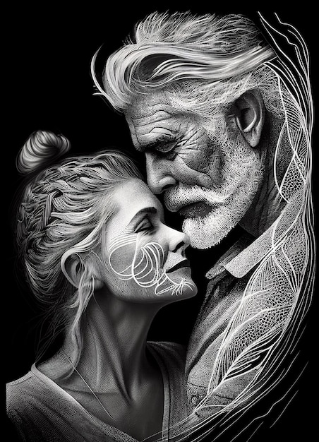 Eine schwarz-weiße Zeichnung von einem Mann und einer Frau, die sich umarmen.