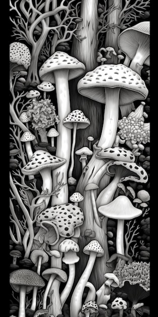 Eine schwarz-weiße Zeichnung von Pilzen und Bäumen in einem Wald