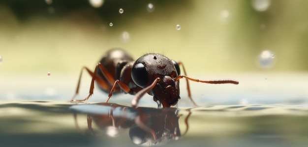 Eine schwarze Ameise läuft im Wasser