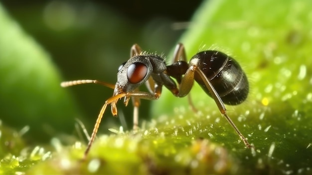 Eine schwarze Ameise mit roten Augen sitzt auf einem grünen Pflanzenblatt.