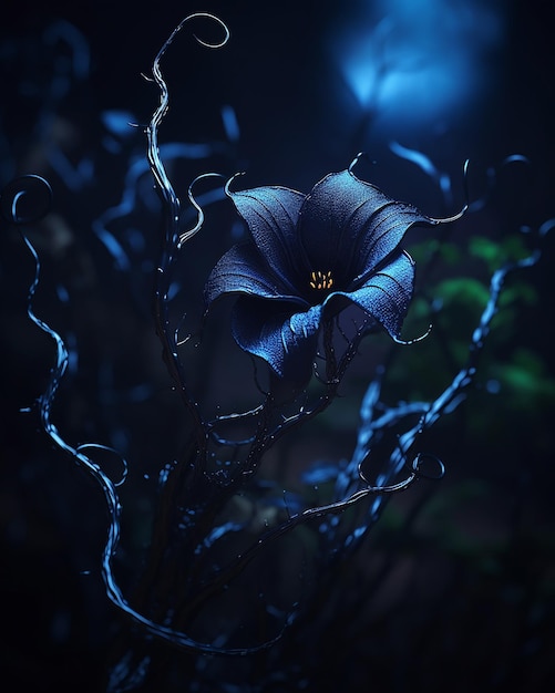 Eine schwarze Blume in einer dunkelblauen Nacht