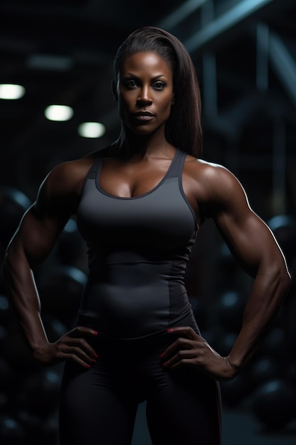 Eine schwarze Bodybuilderin zeigt die Kraft ihrer Muskeln