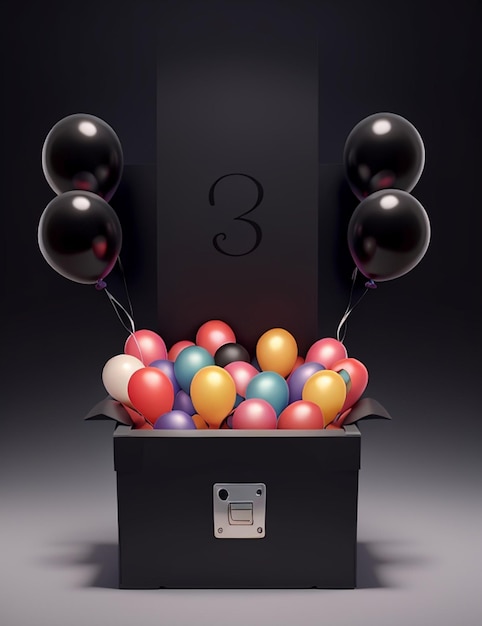 Eine schwarze Box am Black Friday mit einem Haufen Luftballons darauf und einer Geschenkbox