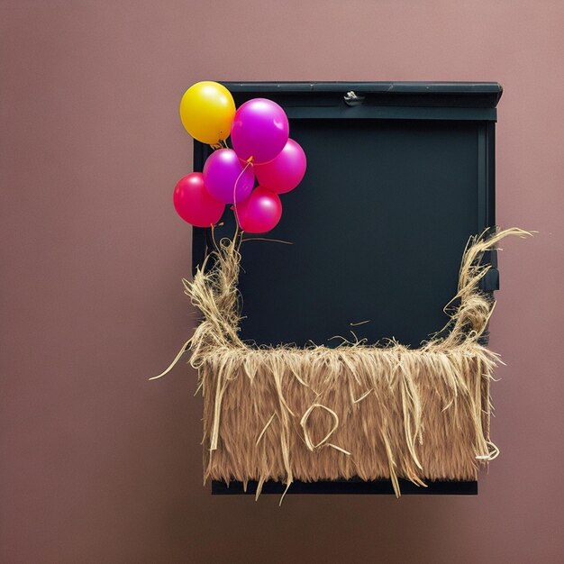 Eine schwarze Box am Black Friday mit einem Haufen Luftballons darauf und einer Geschenkbox