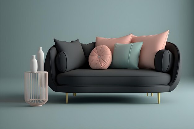 Foto eine schwarze couch mit rosa und blauen kissen und eine weiße vase auf dem tisch.