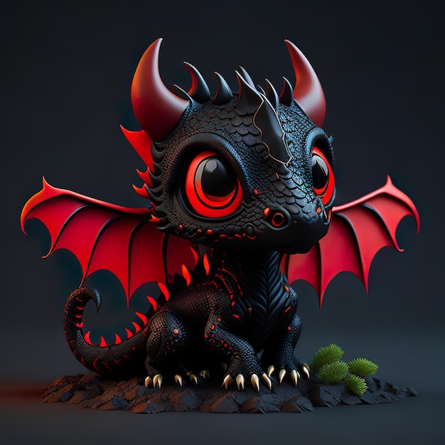 Eine schwarze Drachenfigur mit roten Augen und roten Hörnern.