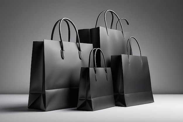 Eine schwarze Einkaufstasche ohne Bänder verschiedener Größen in einem grauen Luxus-Hintergrund