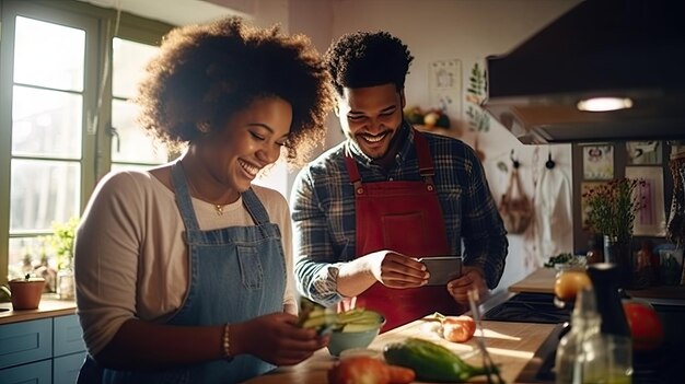 Eine schwarze Familie kocht gemeinsam in der Küche, während ein Mann und eine Frau Essen zubereiten