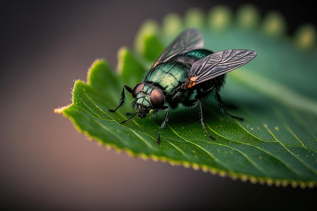 Eine schwarze Fliege sitzt eng auf einem grünen Blatt