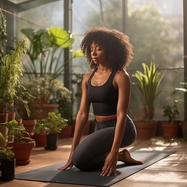 eine schwarze Frau, die Yoga praktiziert
