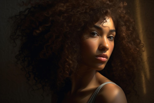 Eine schwarze Frau mit lockigem Haar im Stil einer voluminösen Masse mit generativer KI